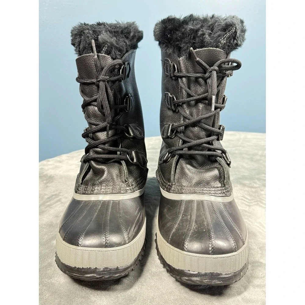 Sorel Caribou Boots Women's 9 Black Leather Fur Lined Winter Snow Duck